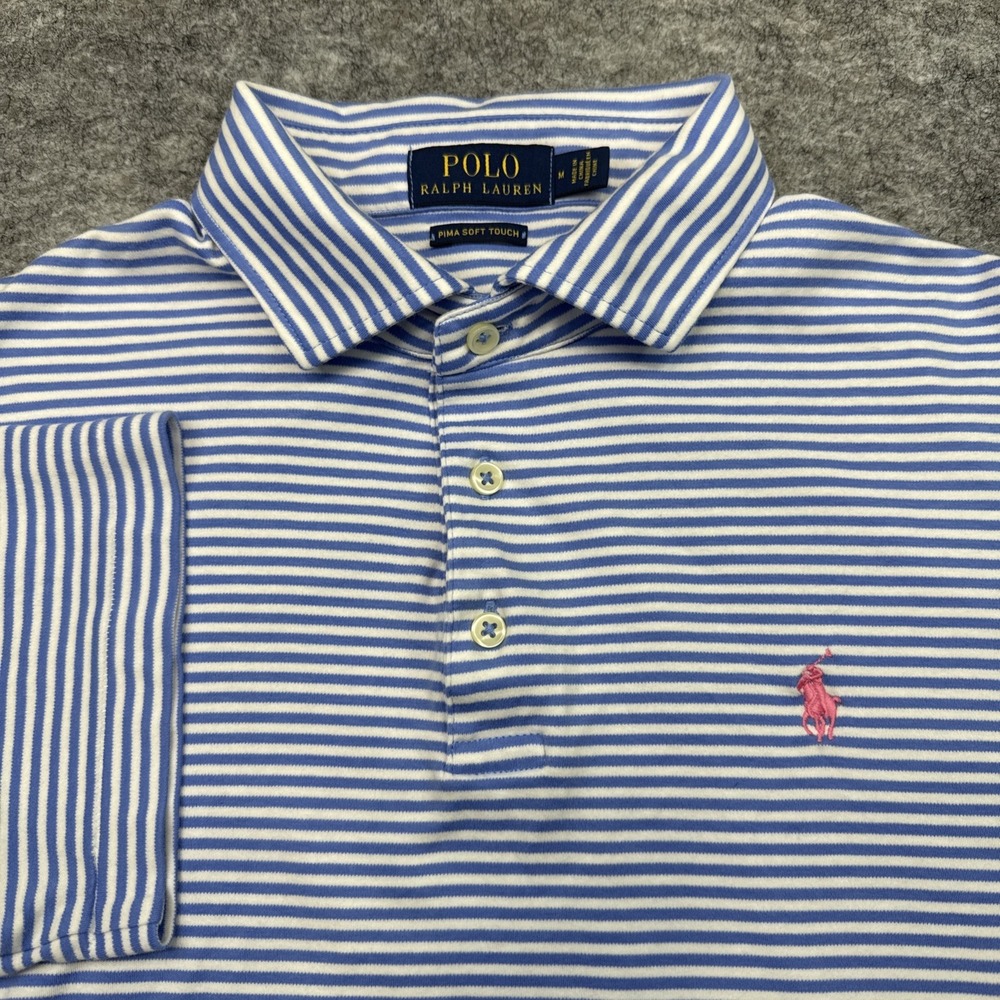 Polo Ralph Lauren pima soft touch polo men's medium blue stripe pink pony preppy